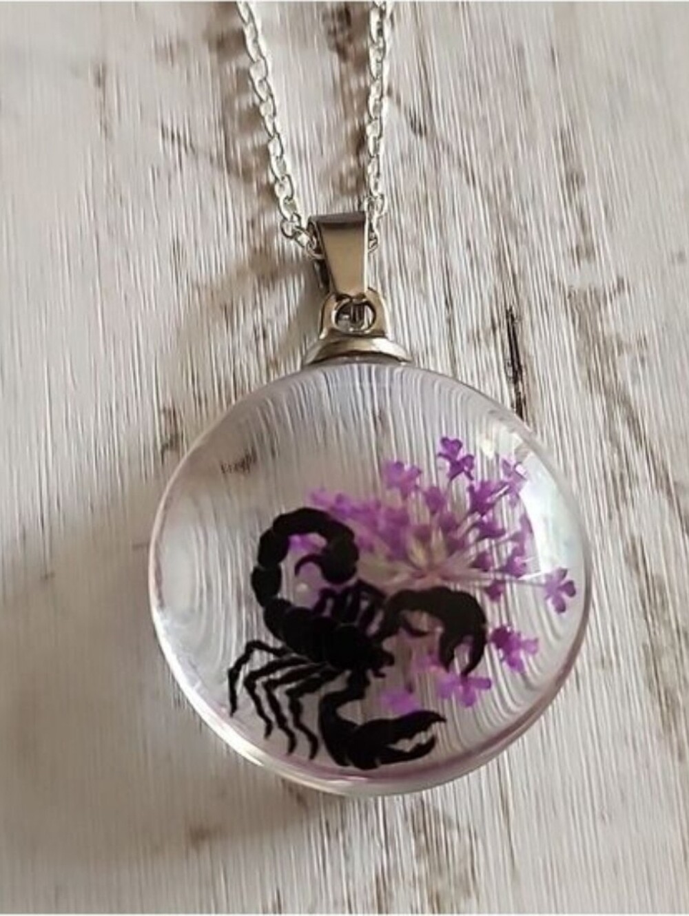 PRESSED Real flower and simulated Scorpion Necklace 925 Chain